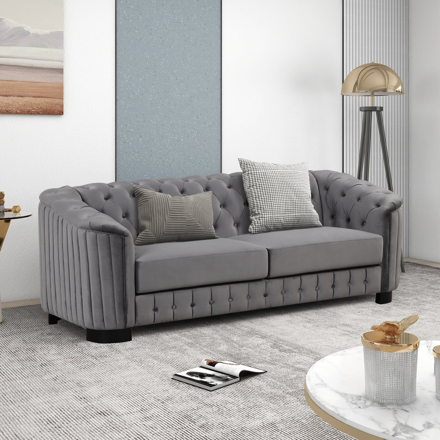 velvet upholstered sofa, grey
