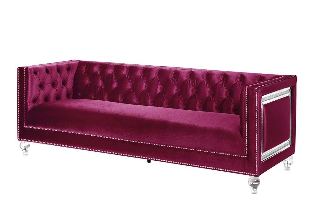acme heibero sofa w/2 pillows, burgundy velvet