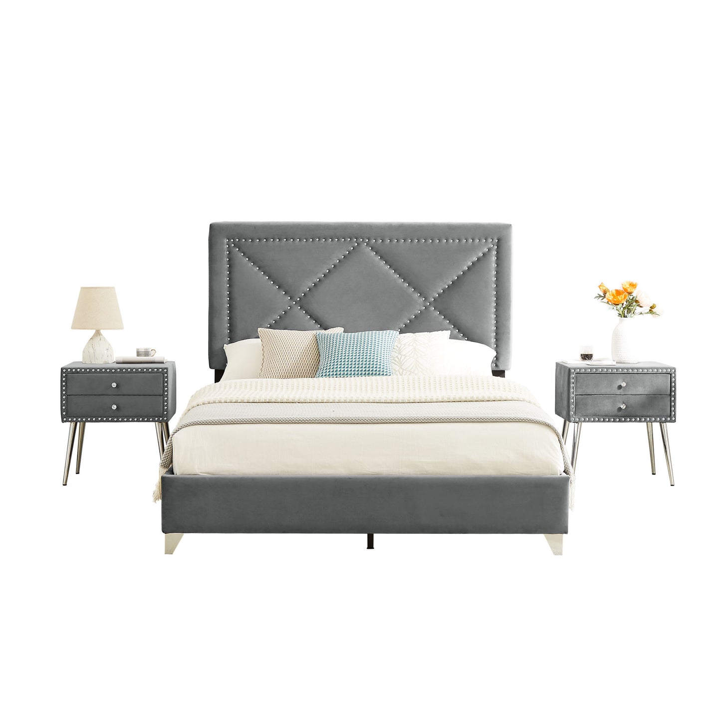 b109 queen bed with two nightstands, + metal legs with electroplate