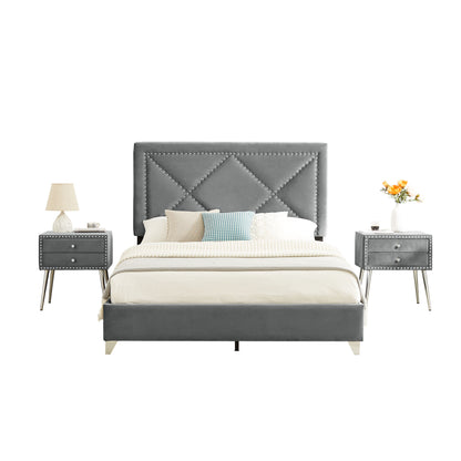 B109 Queen bed with two nightstands, + metal legs with Electroplate