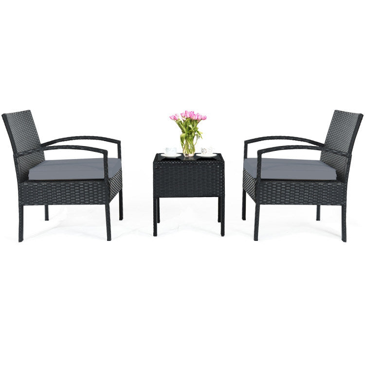 3 pieces outdoor rattan patio conversation set with seat cushions