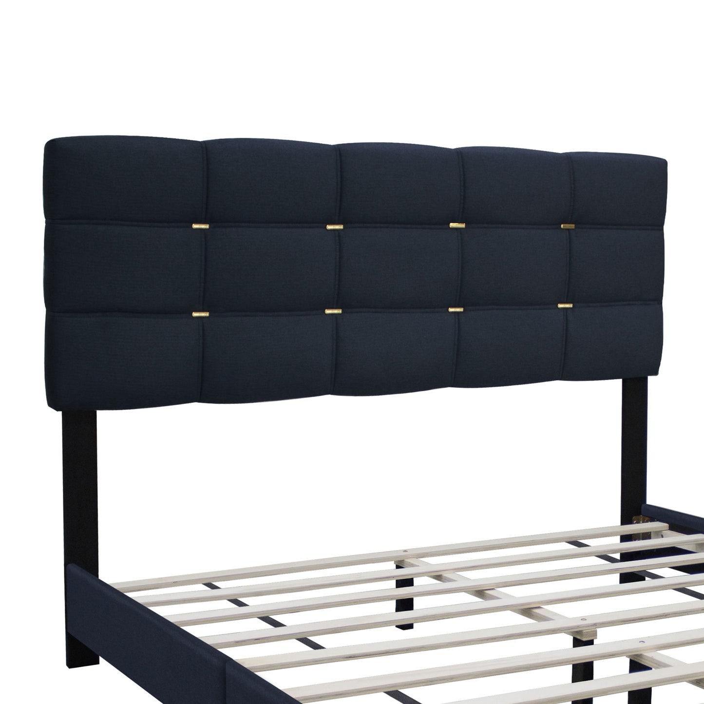 elegant upholstered bed frame with gold accents on headboard