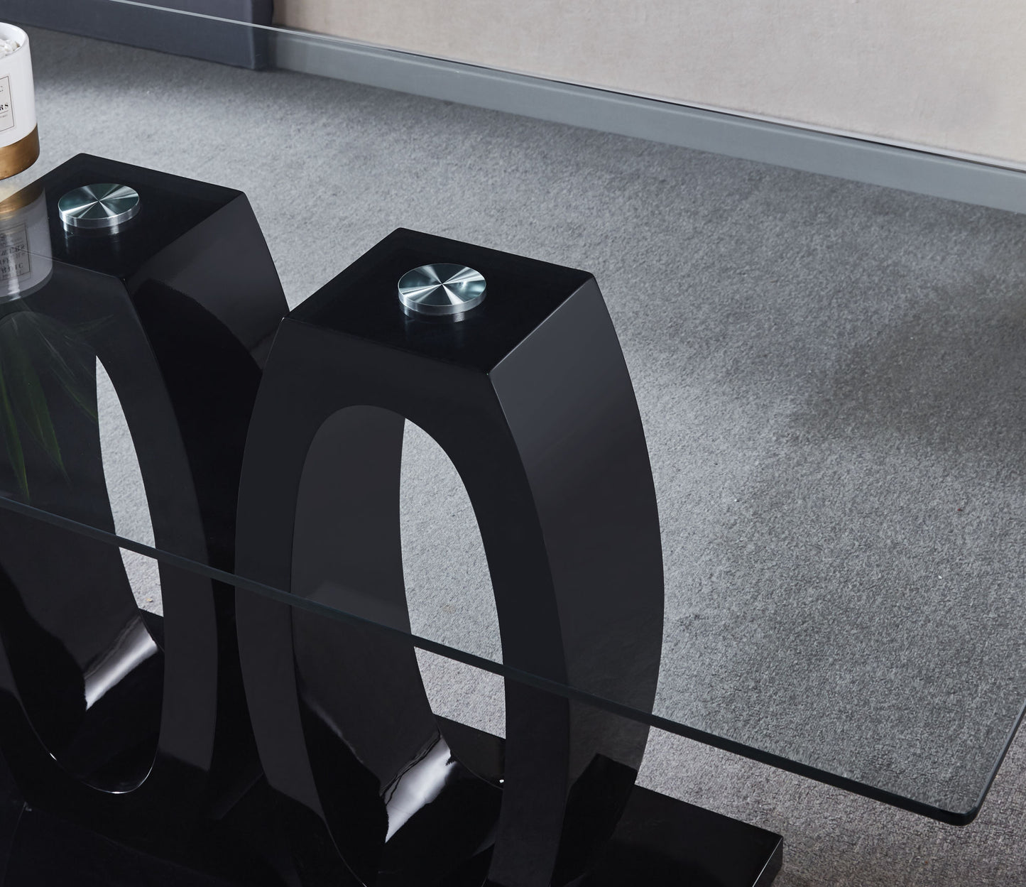 double pedestal dining table- tempered glass, black