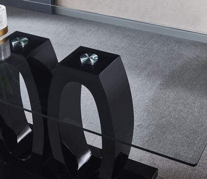 Double Pedestal Dining Table- Tempered Glass, Black