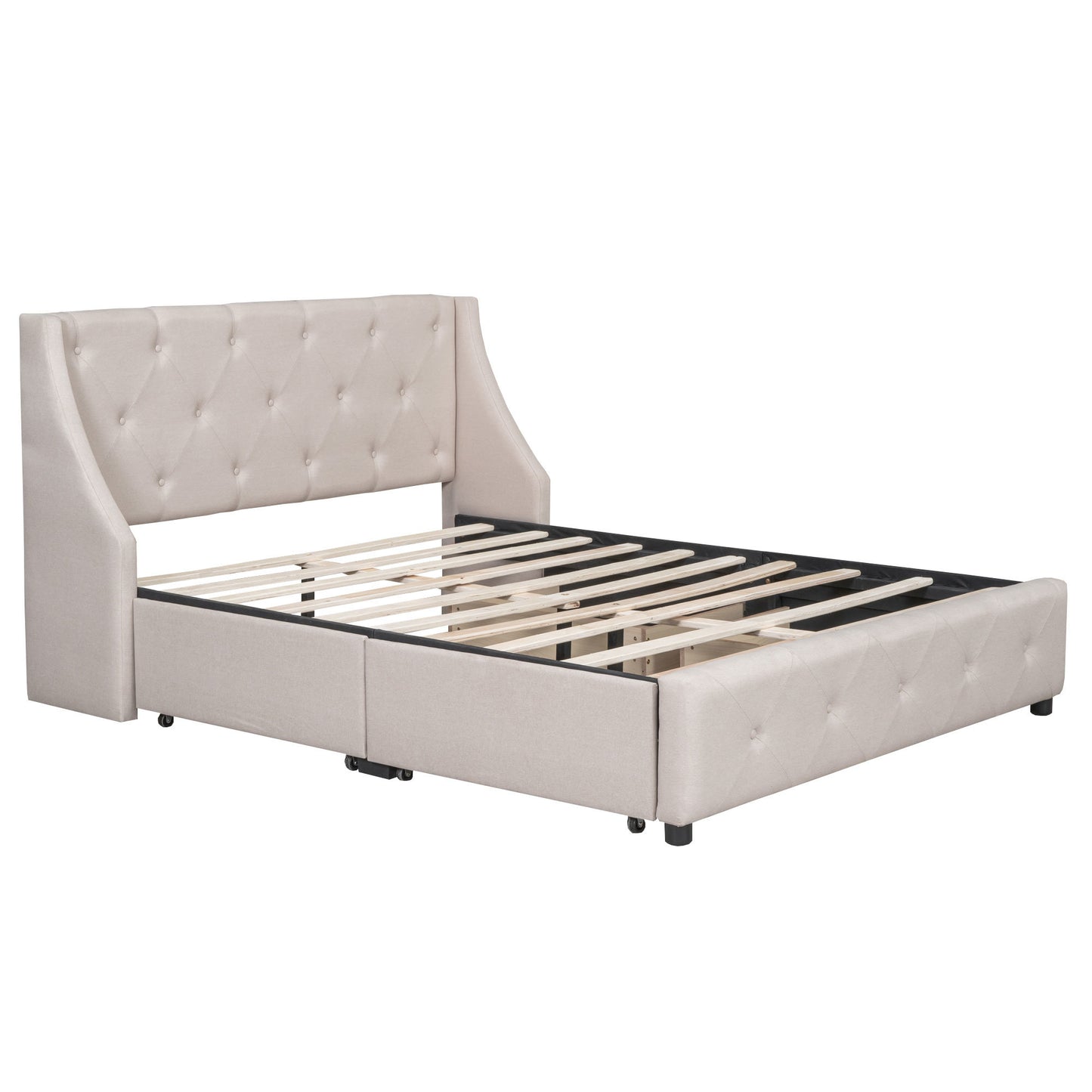 upholstered platform bed with wingback tufted headboard and 4 drawers, beige