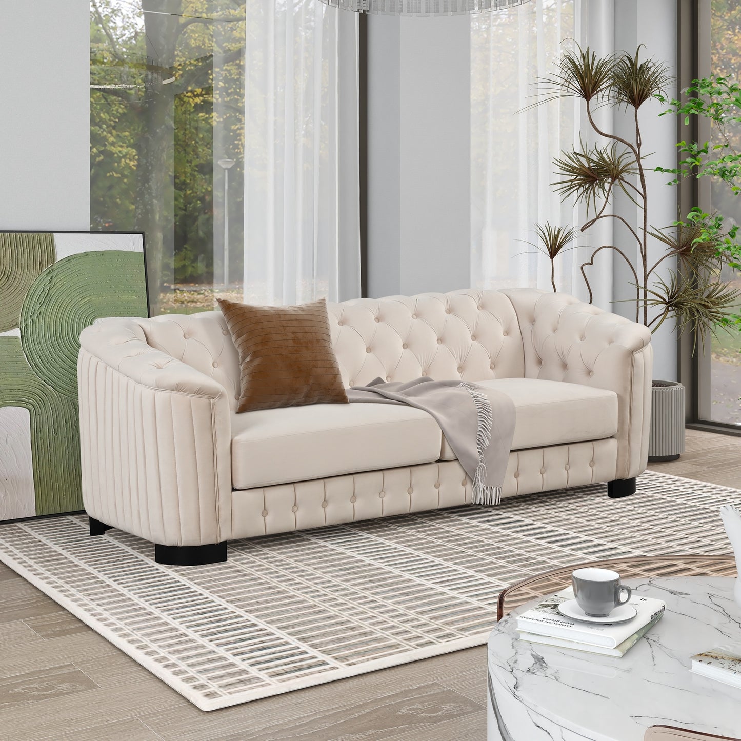 mid century velvet upholstered sofa