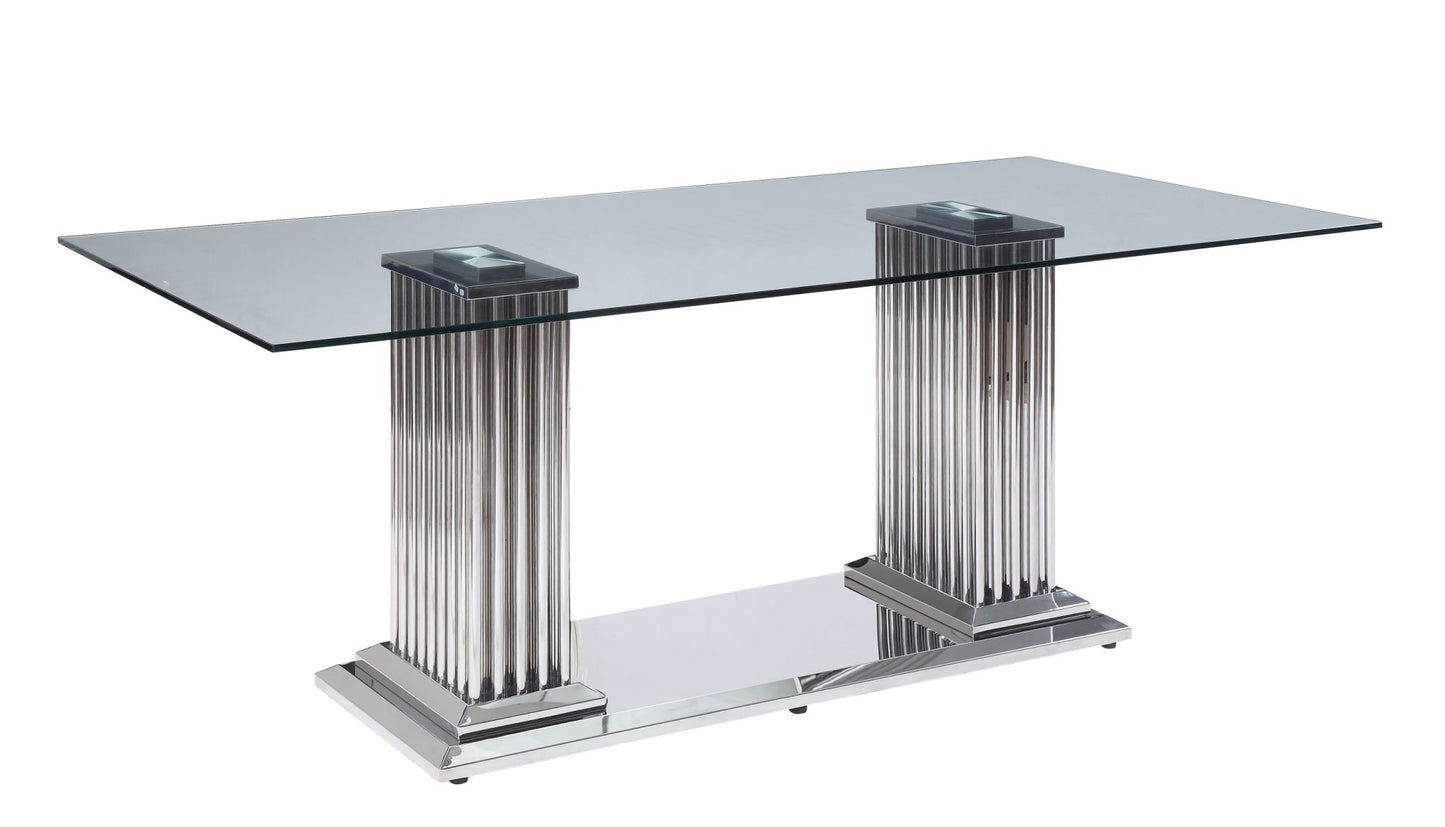acme cyrene dining table in stainless steel & clear glass