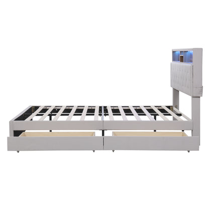 Upholstered Platform Bed with Storage Headboard, LED, USB Charging and 2 Drawers