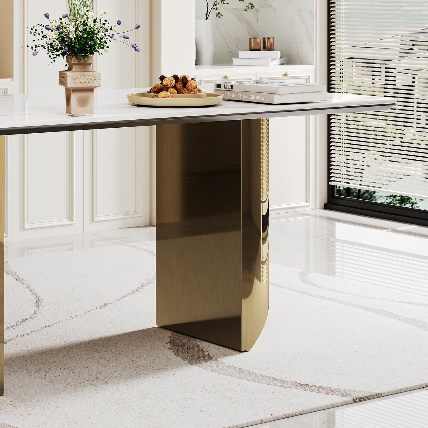 double pedestal dining table- tempered glass