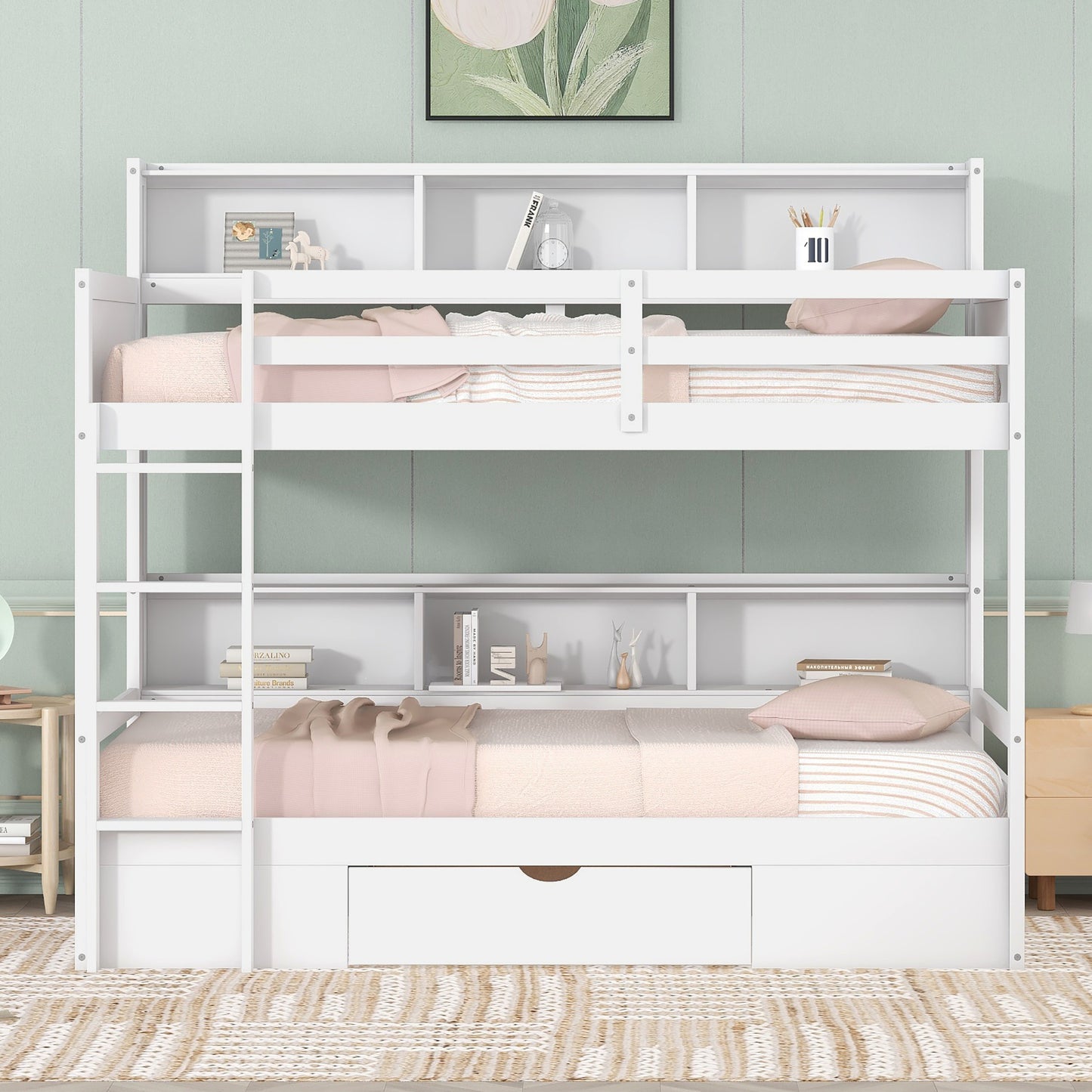 twin size bunk bed with built-in shelves, white