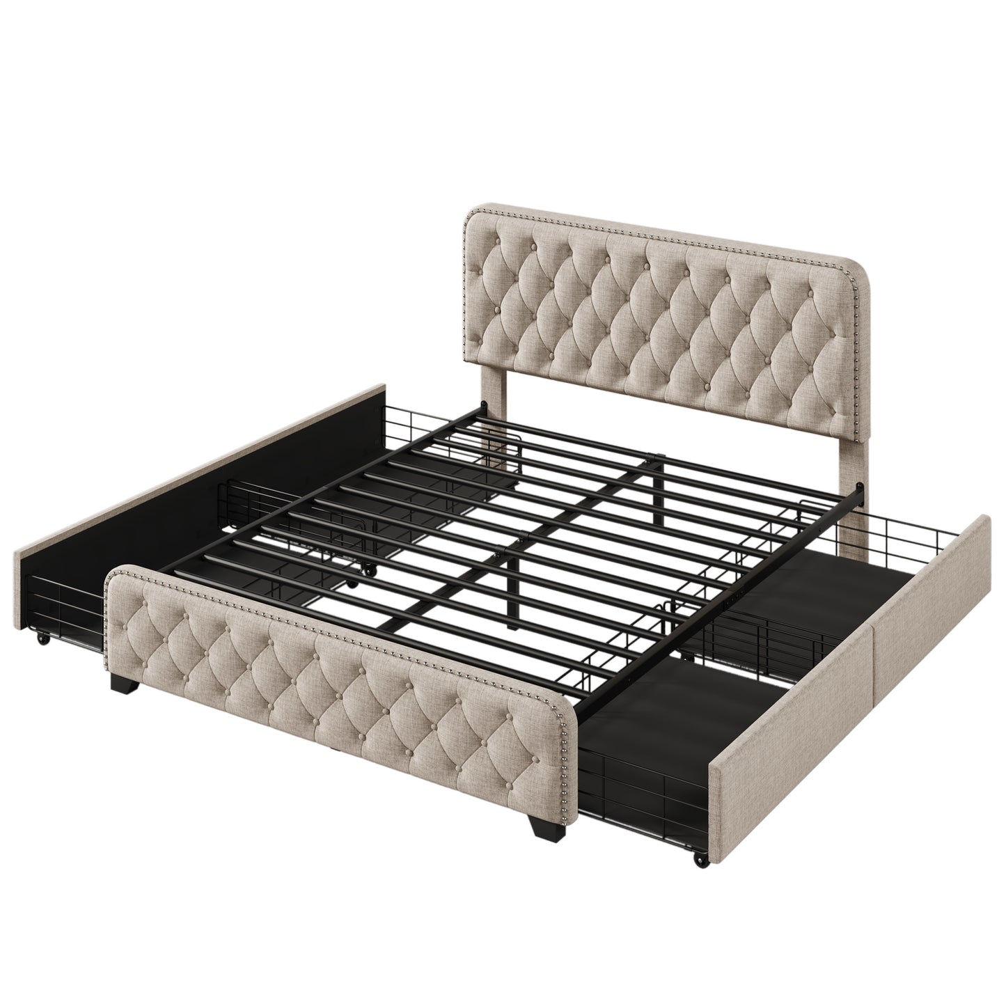 upholstered platform bed frame with four drawers, beige
