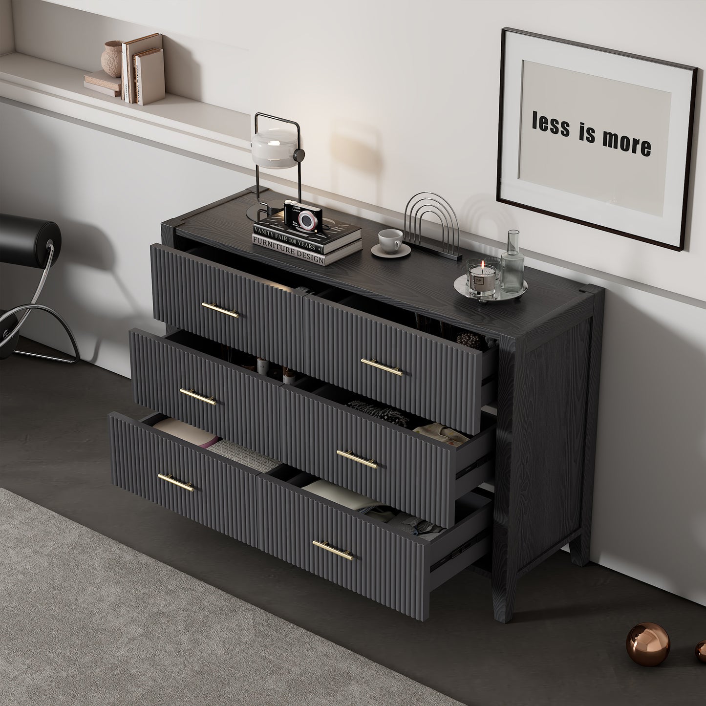 6 drawer dresser with metal handle, black