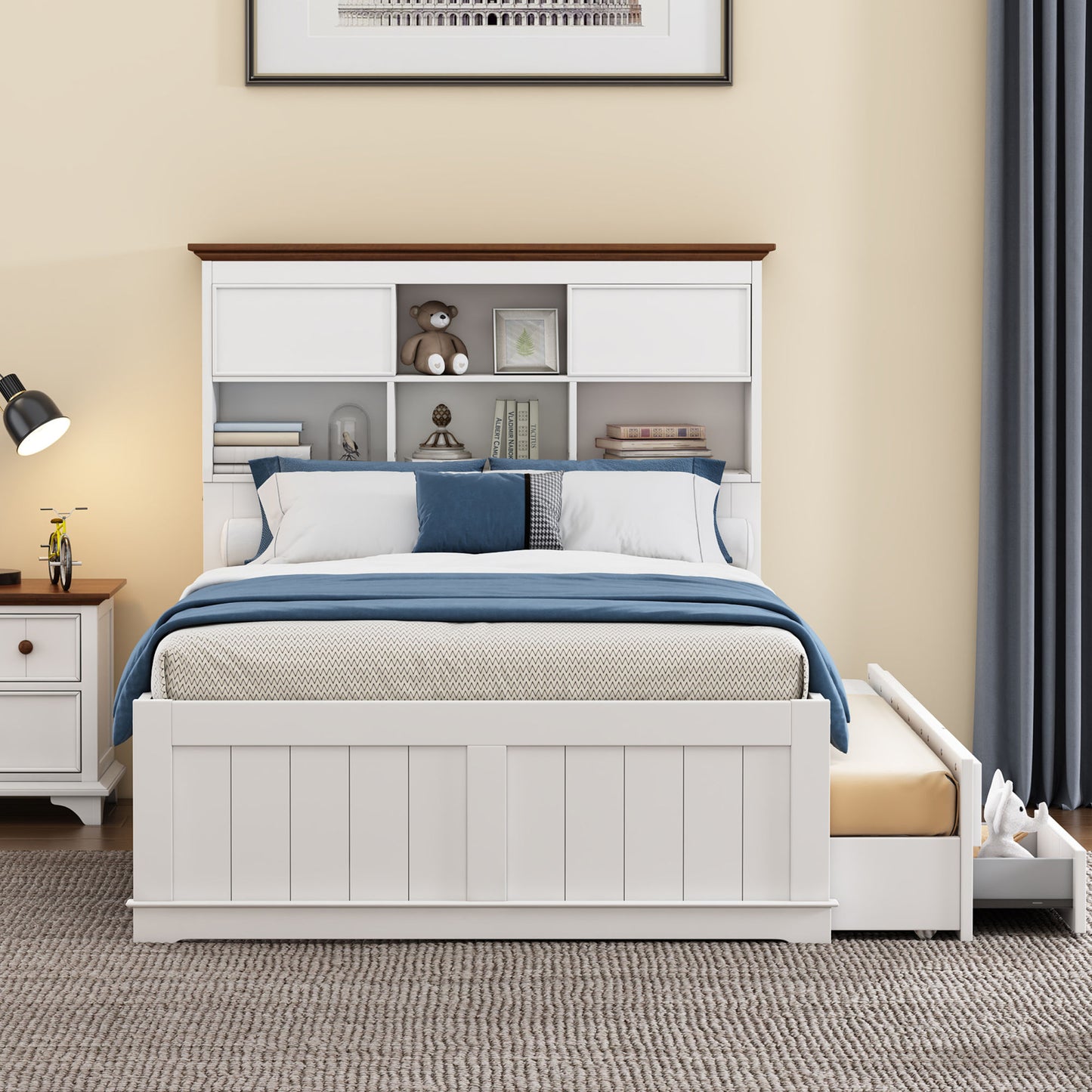 wooden captain bed with trundle and nightstand, white+walnut