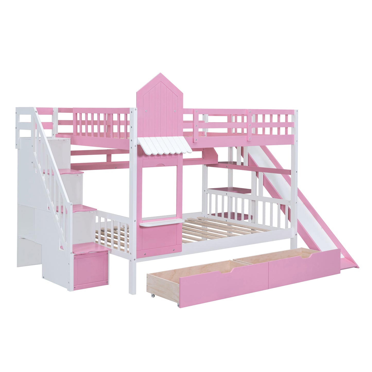 full-over-full castle style bunk bed with 2 drawers 3 shelves and slide - pink