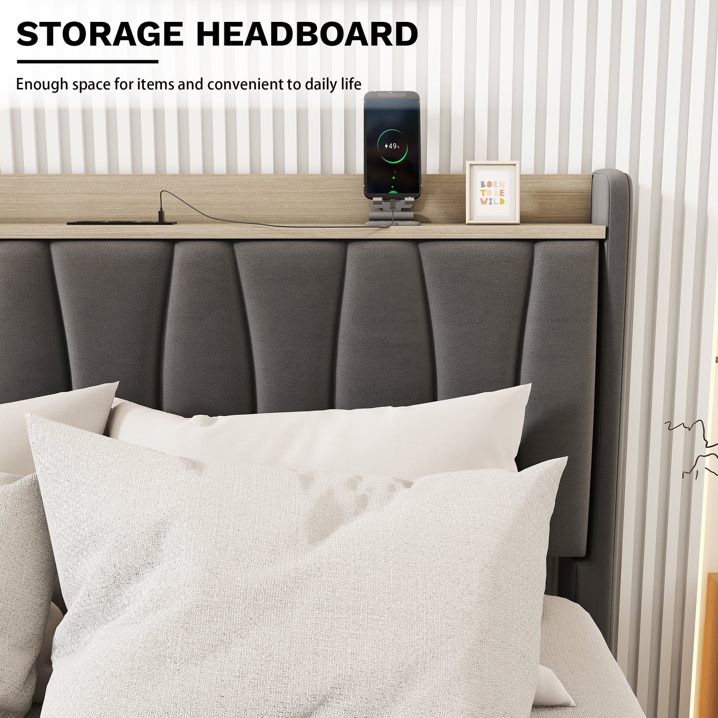 queen size bed frame with storage headboard and charging station,dark gray