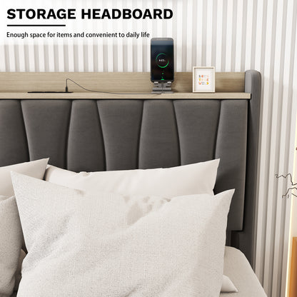 Queen Size Bed Frame with Storage Headboard and Charging Station,Dark Gray