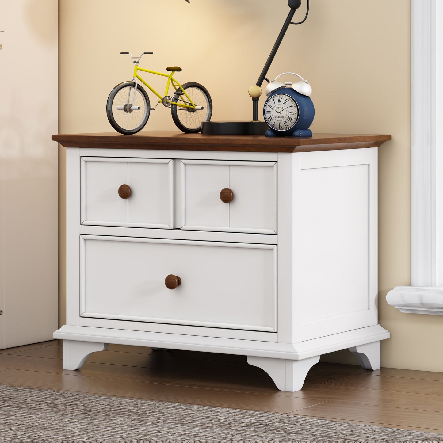 wooden captain bed with trundle and nightstand, white+walnut