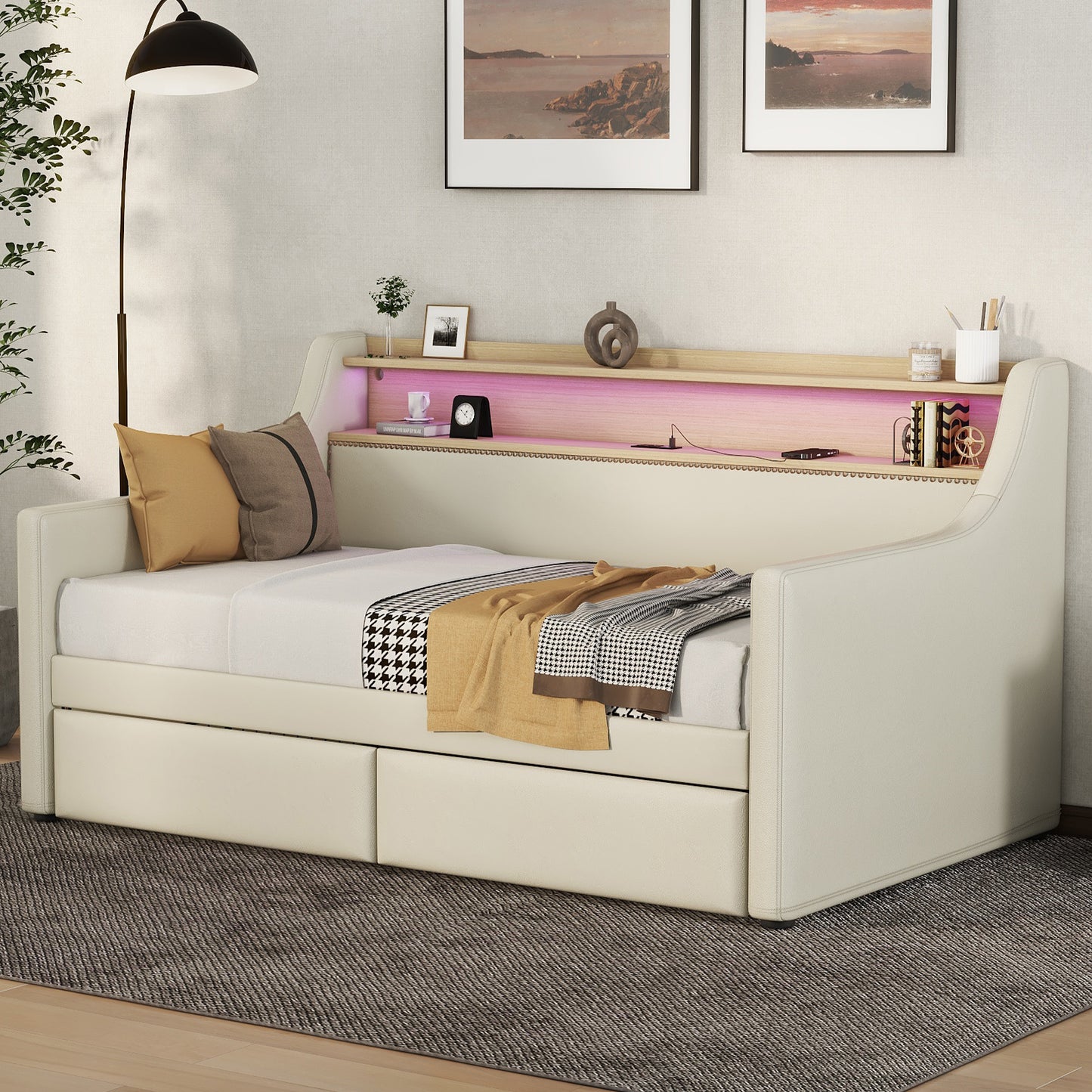 upholstered bed with charging station and led lights, beige