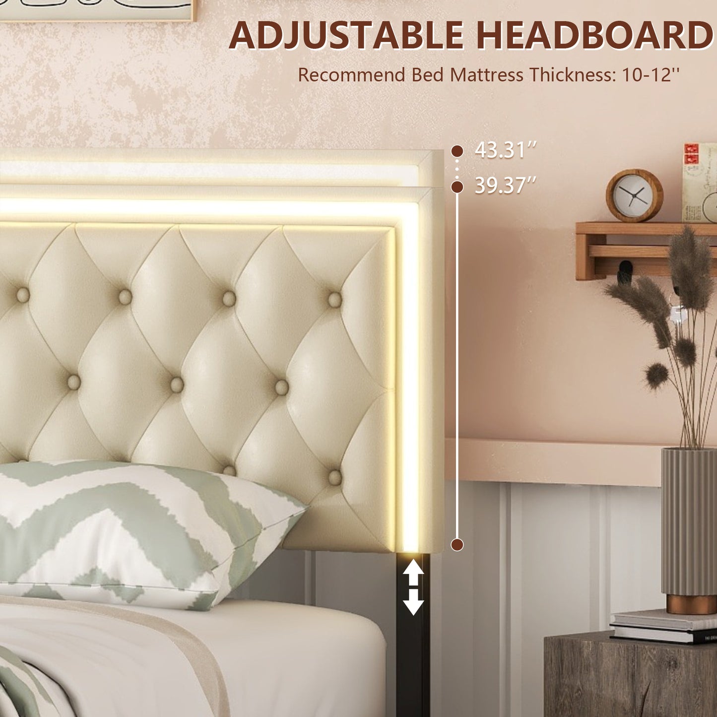 upholstered leather led headboard bed frame with 4 storage drawers, beige