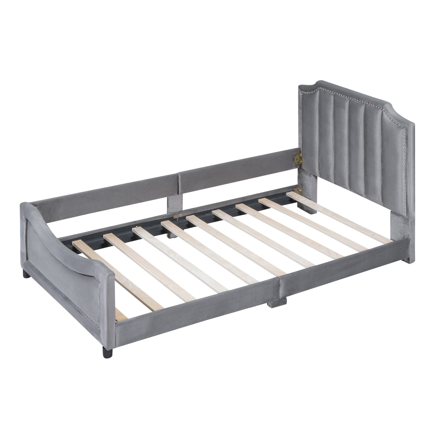 maya upholstered bed with classic stripe shaped headboard, gray