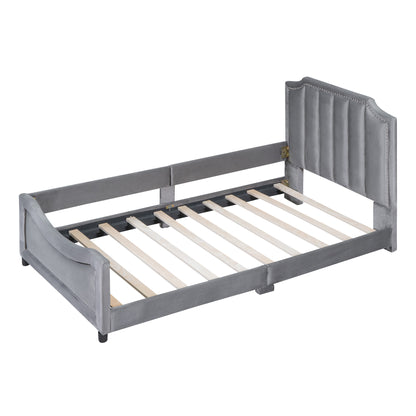 Maya Upholstered Bed with Classic Stripe Shaped Headboard, Gray