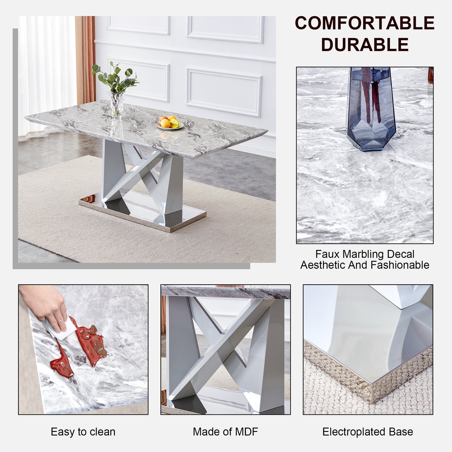 mdf faux marble dining table with white double v-shaped support