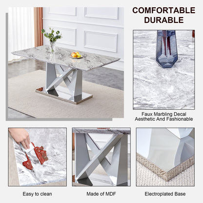 MDF Faux Marble Dining Table with White Double V-Shaped Support