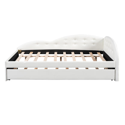 PU Upholstered Tufted Daybed with Trundle and Cloud Shaped Guardrail, White