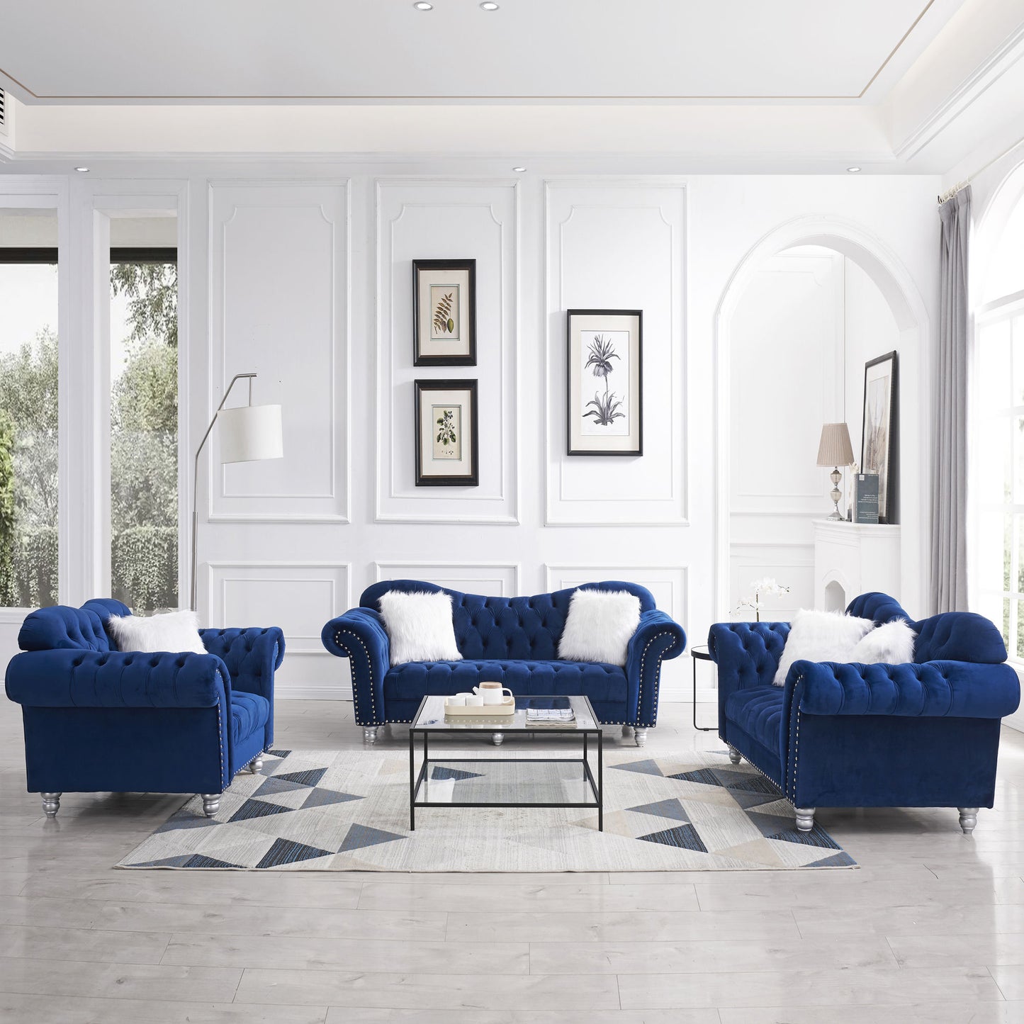 3 piece sofa set with five white villose pillow, blue