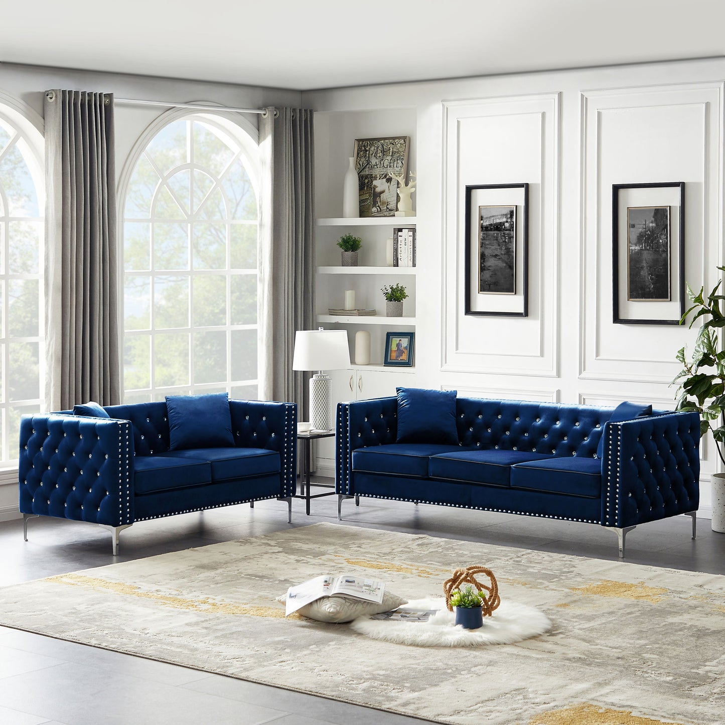 2 piece modern velvet living room set with 4 pillows included, blue