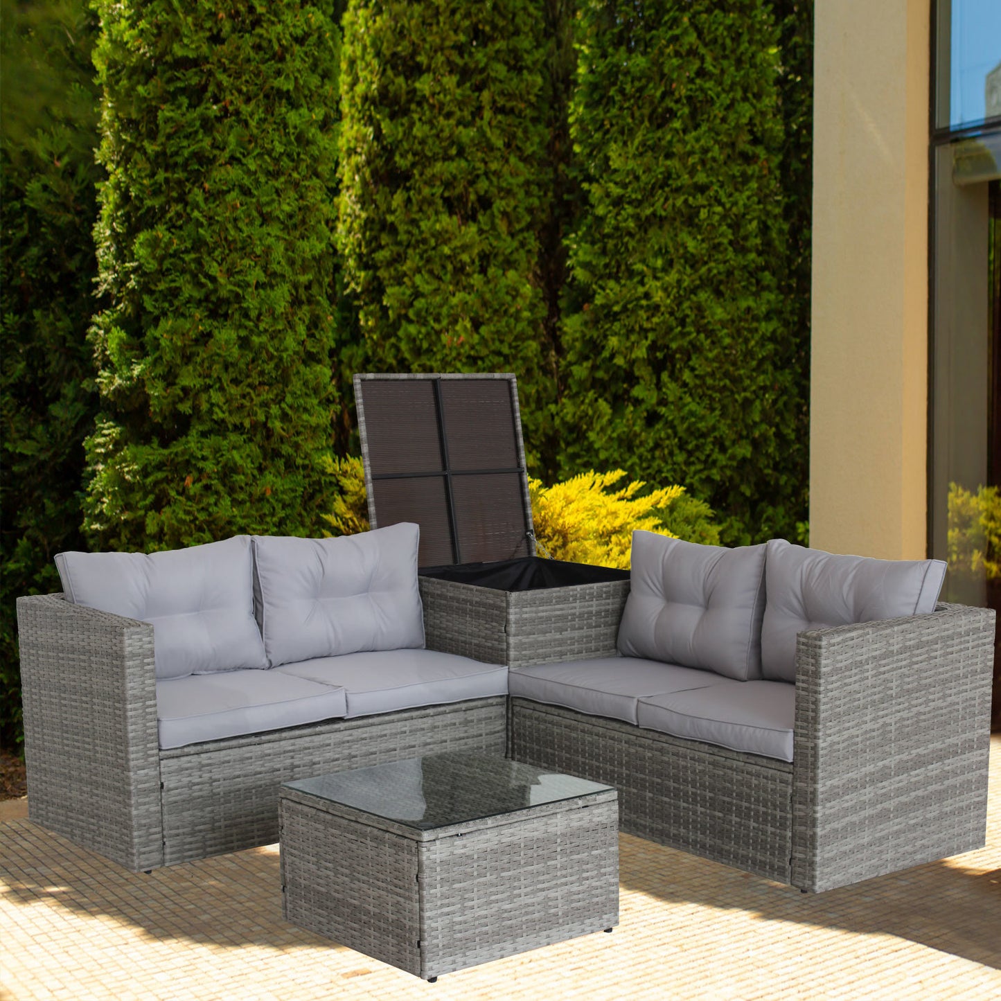 4 piece patio sectional wicker rattan outdoor furniture sofa set with storage box grey
