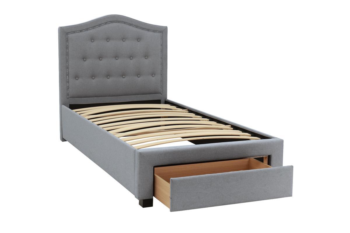 burlap with drawer button tufted arch design headboard +storage, light grey