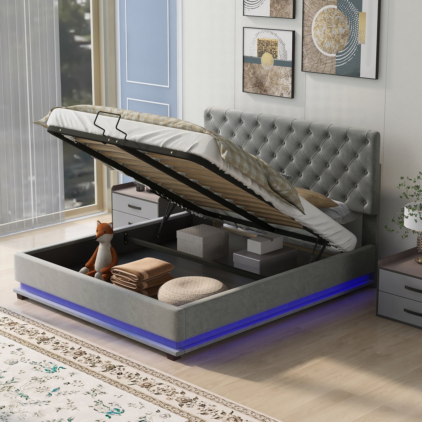 kaylie upholstered platform bed with storage & adjustable tufted headboard and led light