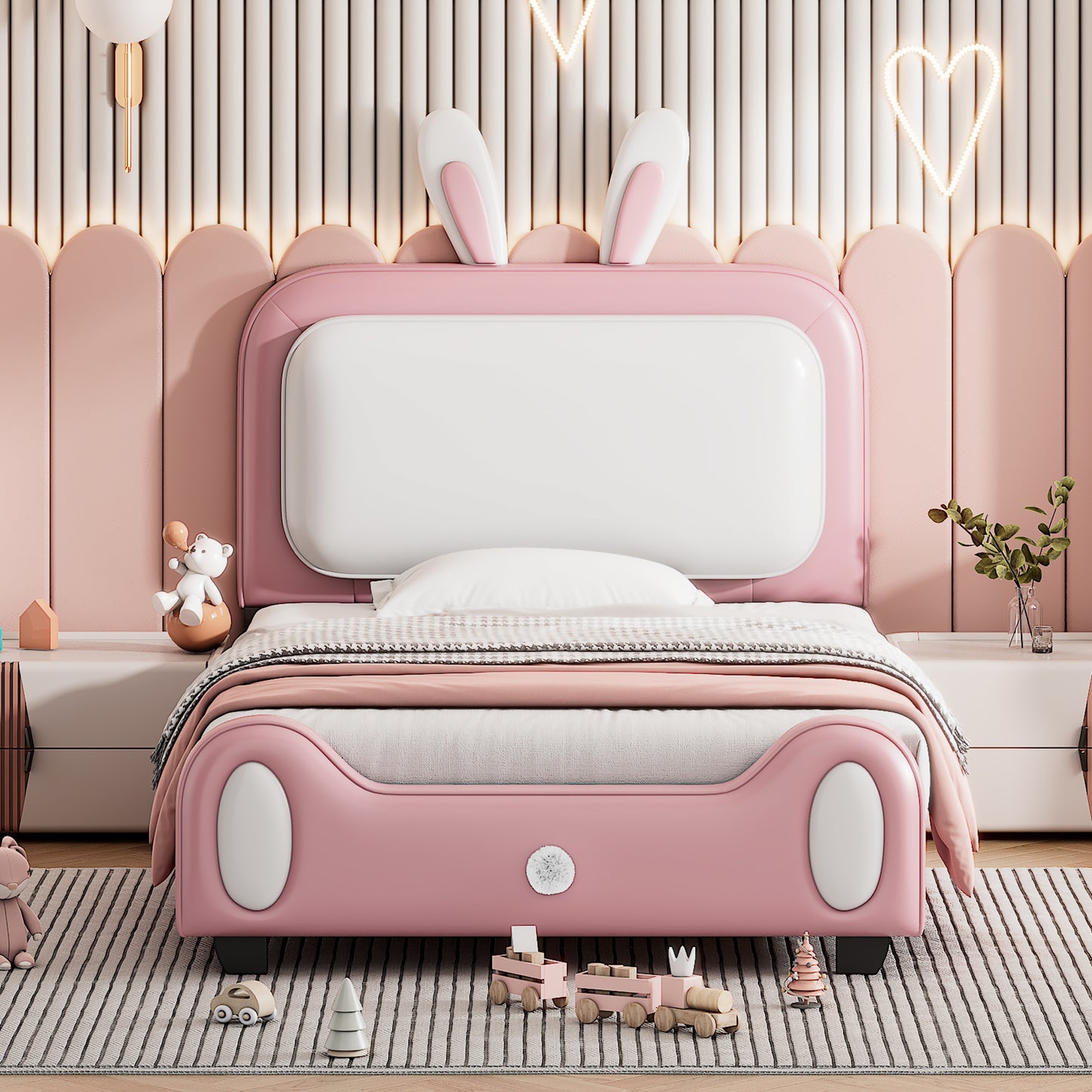 upholstered rabbit-shape princess bed, white+pink