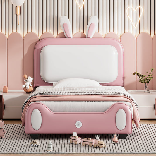 Upholstered Rabbit-Shape Princess Bed, White+Pink
