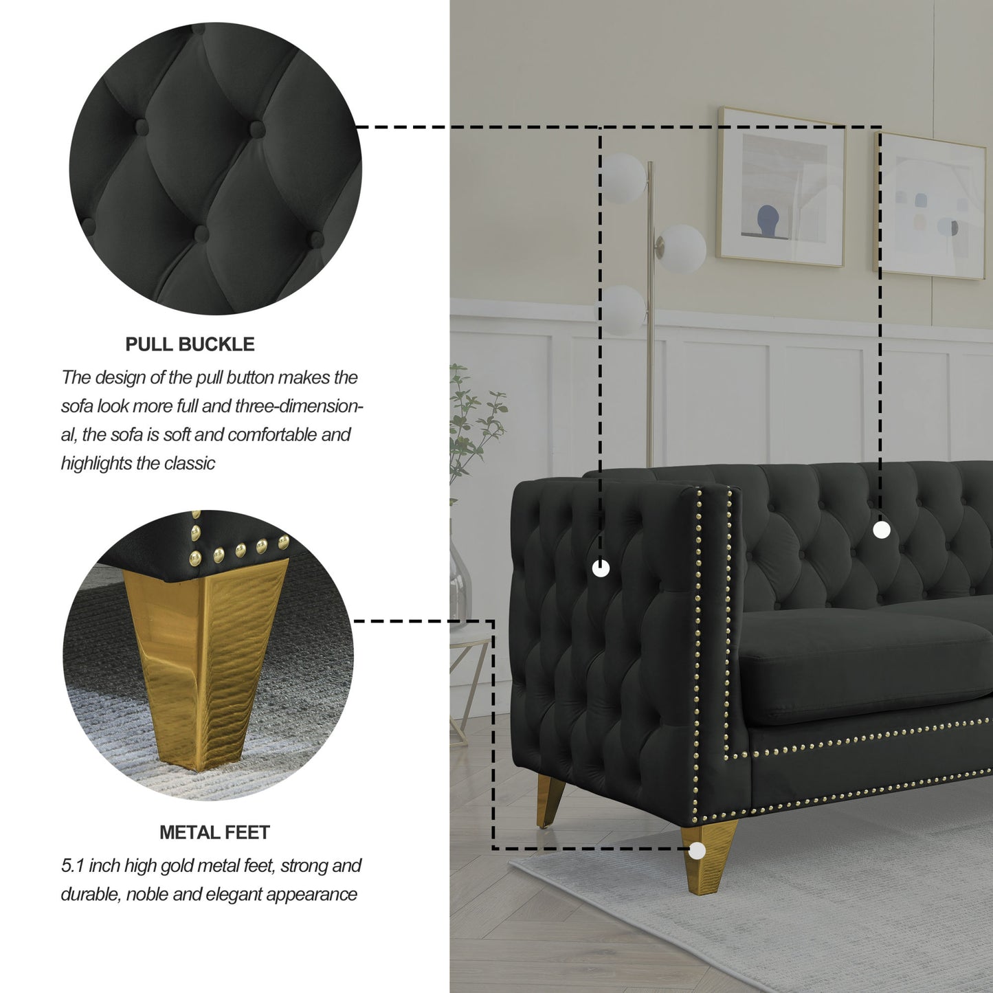 kate velvet upholstered sofa, black velvet