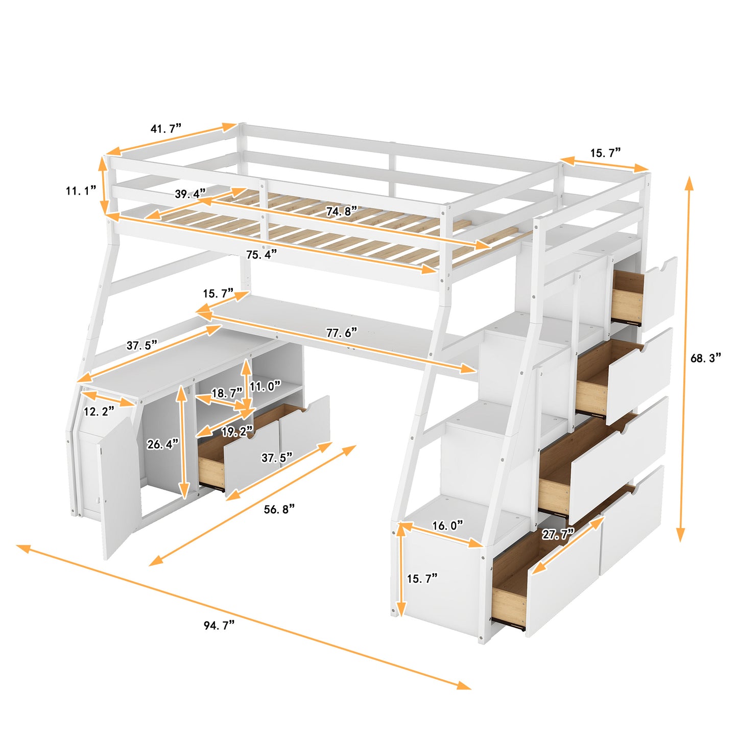 twin size loft bed with 7 drawers 2 shelves and desk - white