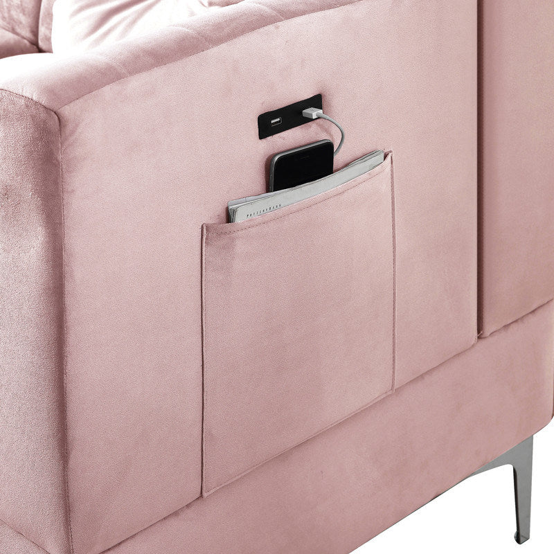 chloe velvet sectional sofa chaise with usb charging port, pink