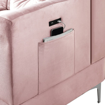 Chloe Velvet Sectional Sofa Chaise with USB Charging Port, Pink