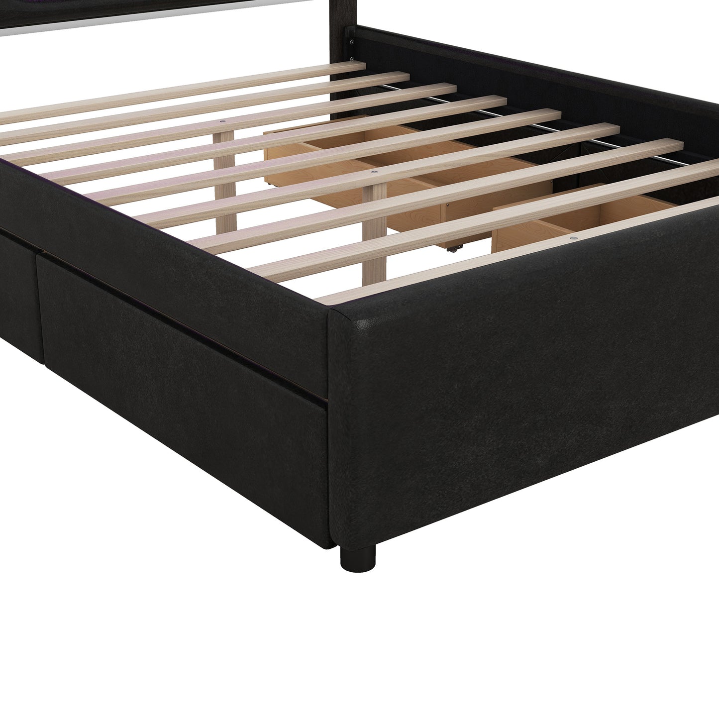 retro upholstered storage platform bed with led, 4 drawers and usb charging, black