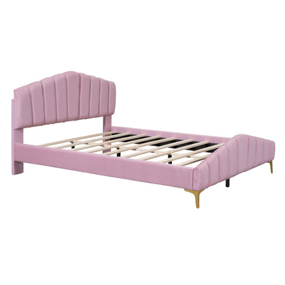 Stylish Velvet Platform Bed with Thick Fabric, Pink