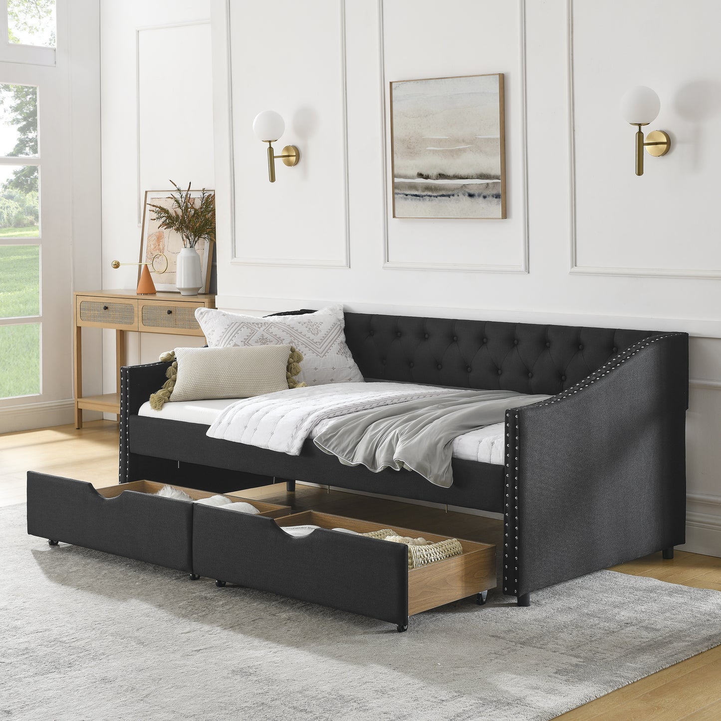 upholstered tufted sofa bed with drawers in black