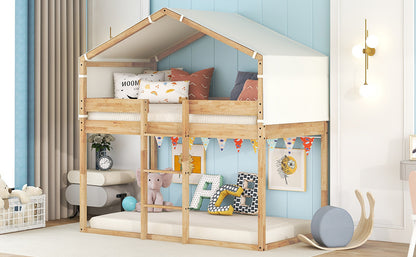 Twin Over Twin Bunk Bed Wood Bed with Tent
