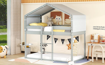 Twin Over Twin Bunk Bed Wood Bed with Tent