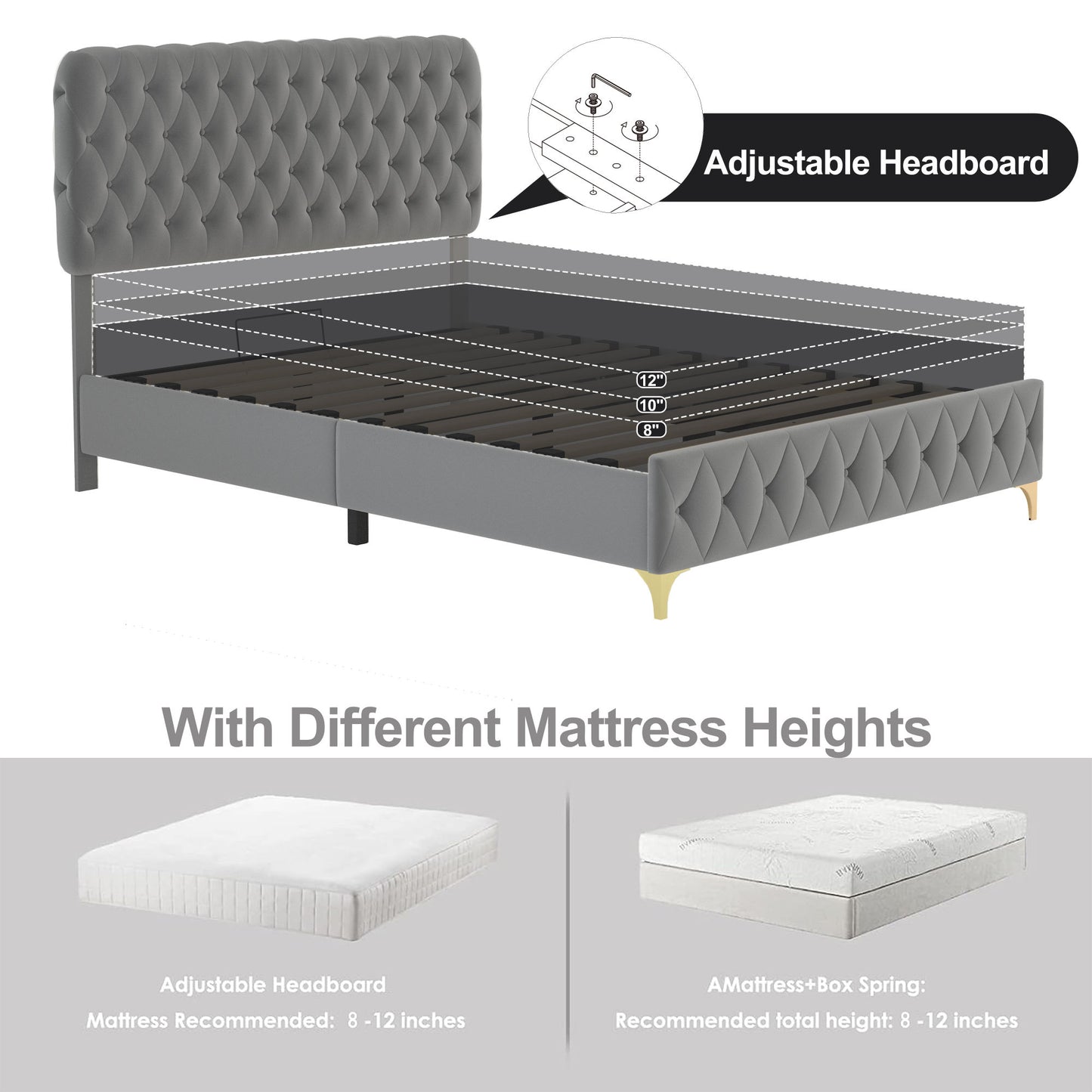 velvet upholstered bed with deep tufted buttons & pneumatic hydraulic function, grey