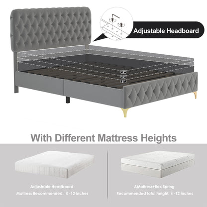 Velvet Upholstered Bed with Deep Tufted Buttons & pneumatic hydraulic function, Grey