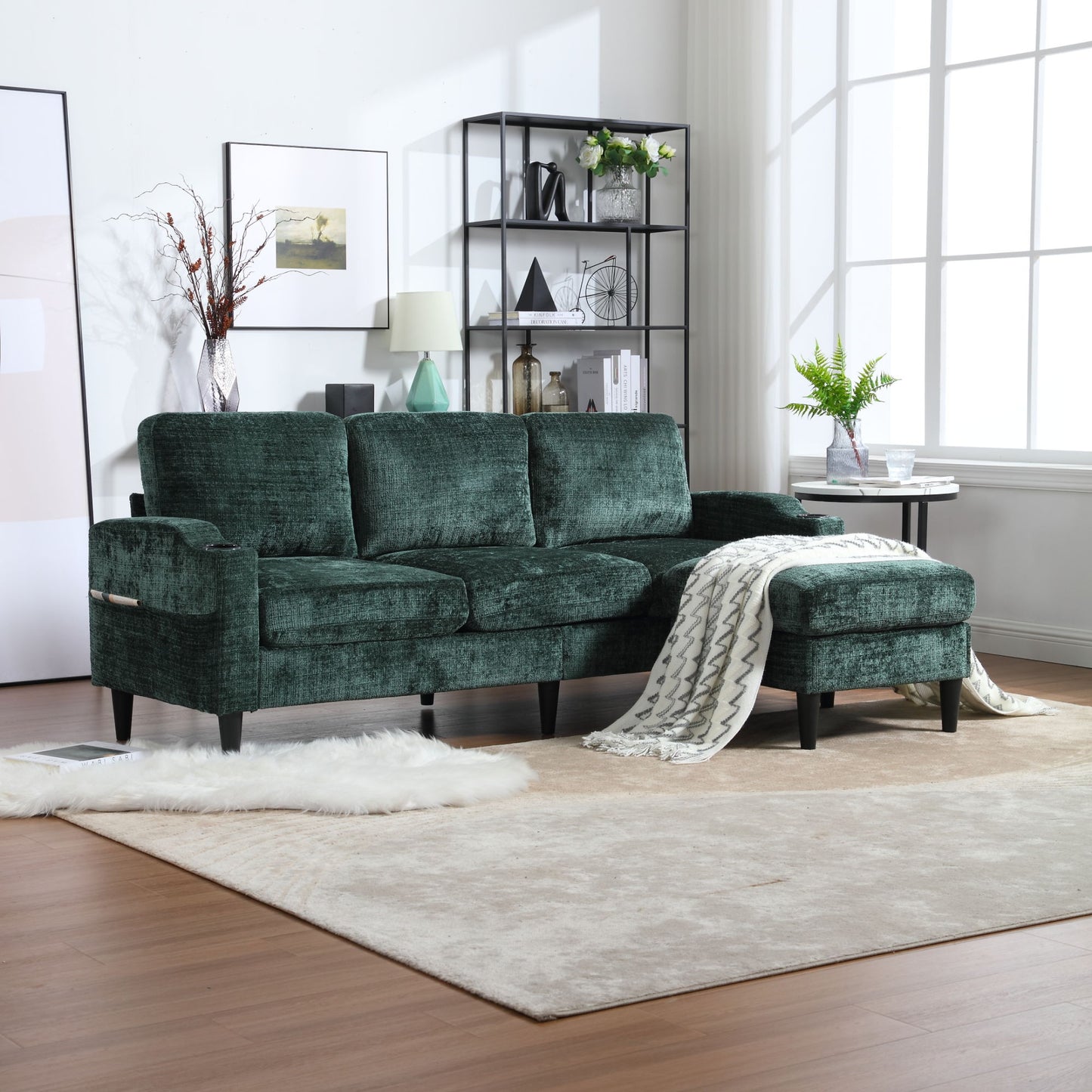 zara storage/ cupholder sectional sofa, green