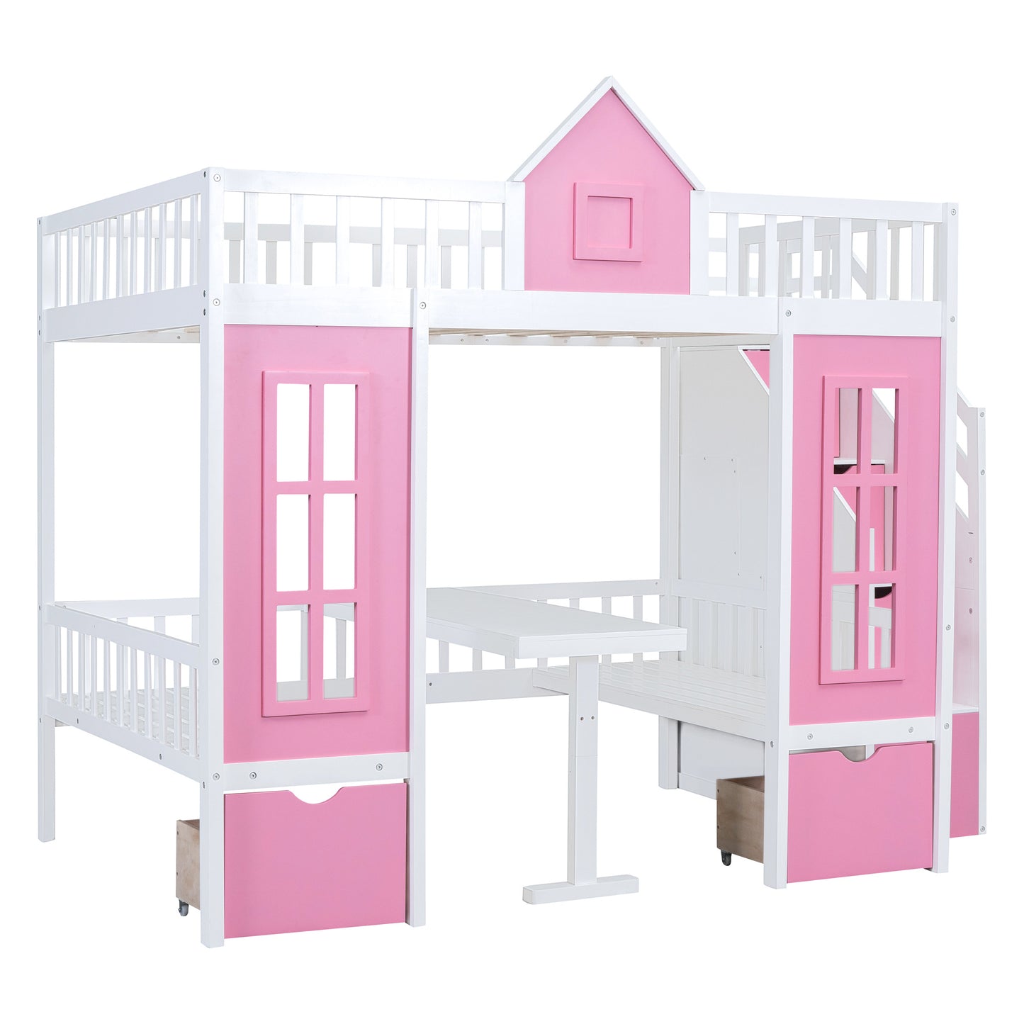 full-over-full bunk bed with changeable table, pink