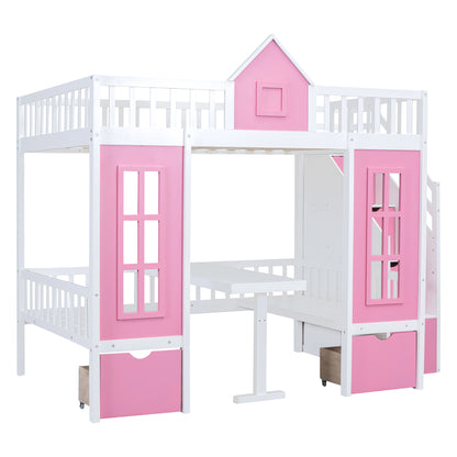 Full-Over-Full Bunk Bed with Changeable Table, Pink