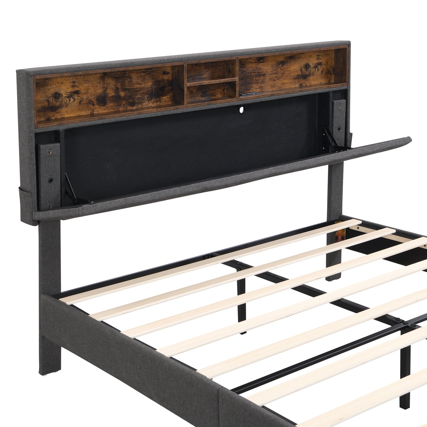 upholstered platform bed with storage headboard and usb port